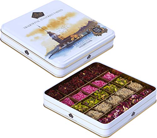 Cerez Pazari Turkish Delight In 4 Flavours, With Pistachio, Hazelnut & Walnut, Assorted Gourmet Lokum In Elegant Tin Gift Box