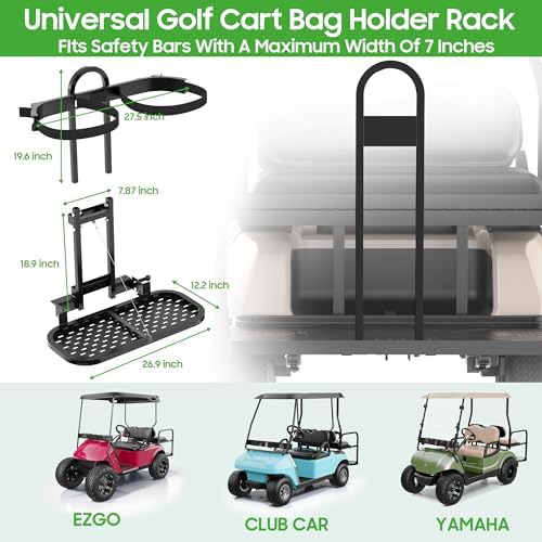 10L0L Universal Foldable Golf Cart Rear Seat Bag Holder - No-Drill Bag Rack for Yamaha EZGO Club Car, Fits Safety Grip Bar up to 8" Wide