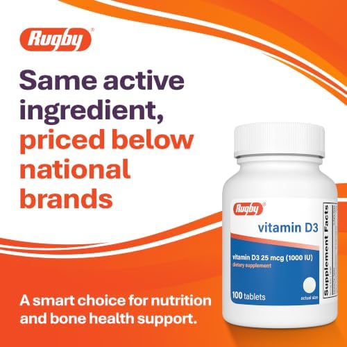 Rugby Vitamin D3, 25 mcg (1,000 IU) Dietary Supplement, 100 Count (1-Pack)