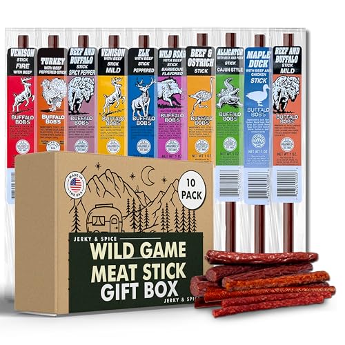 Jerky-n-Spice Wild Game Exotic Meat Sticks (10-Pack) | Ultimate Beef Jerky | Savory Snacks Variety Pack for Adults | Perfect Gifts for Anniversary, Camping, Hunting & Birthday Events