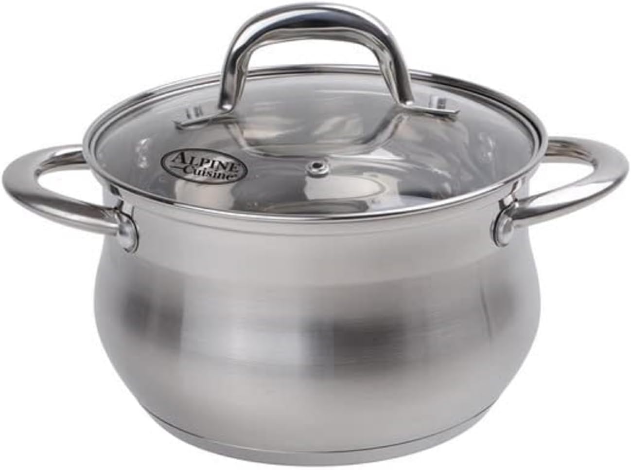 Alpine Cuisine 2-Quart Stainless Steel Dutch Oven with Tempered Glass Lid, Belly Shape, Heavy Duty & Dishwasher Safe