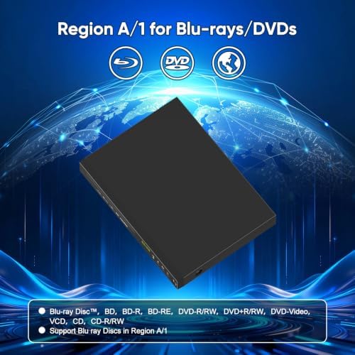 Blu-ray DVD Player Full HD 1080p with Dolby Digital, TrueHD and DTS Audio | DVD Upscaling, Region A Blu-ray & Region 1 DVD Support, 128GB USB Playback