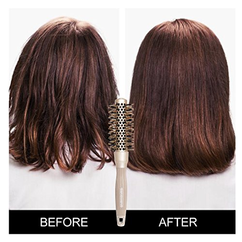 BANGMENG Round Brush with Boar Bristles, 1 inch Barrel, Nano Thermal Ceramic Ionic Tech for Straightening and Blow Drying, Gold