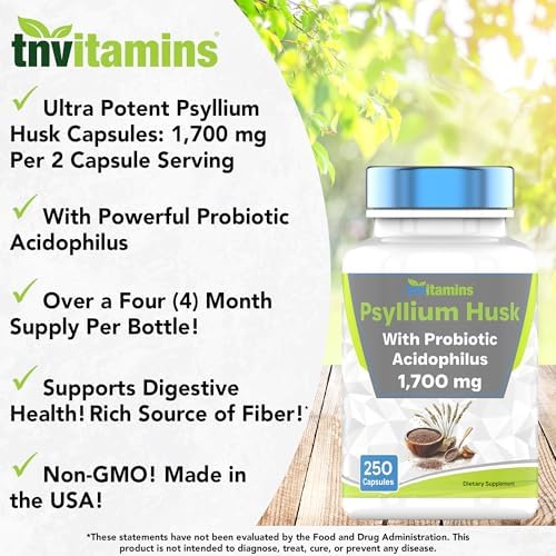 tnvitamins Psyllium Husk Capsules | 1700 MG - 250 Capsules | with Probiotic Acidophilus | Extra Strength Soluble & Dietary Fiber Supplement | Supports Digestive Health