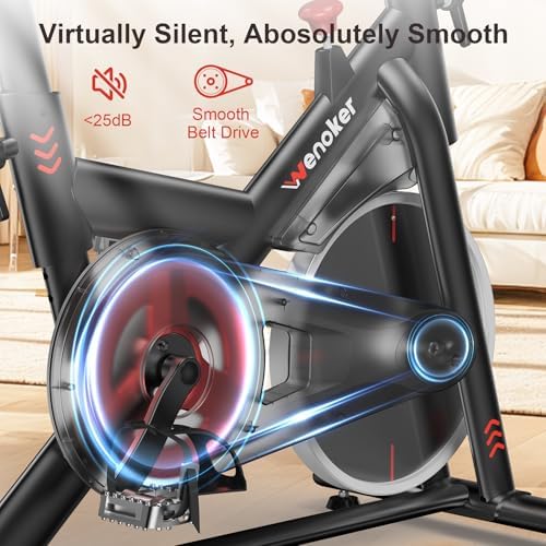 Wenoker Exercise Bike for Home, Magnetic Stationary Bike with App Sync, Indoor Cycling Bike with Adjustable Seat & Handlebar, Quiet Belt Drive, LCD Monitor, Tablet Holder & Transport Wheels for Cardio Workout