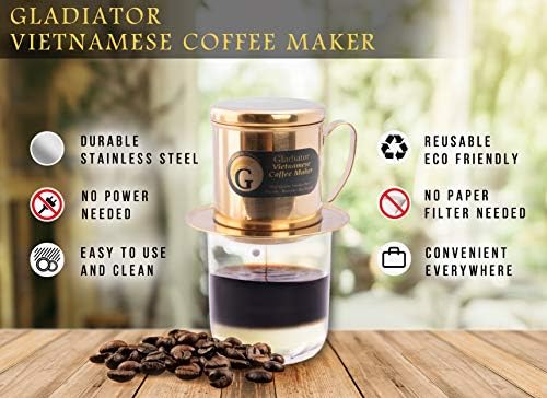 Vietnamese Coffee Maker Filter Phin, Small French Press Portable Cup, Single Serve Coffee Makers, Gift for coffee lovers (Gold, 1)