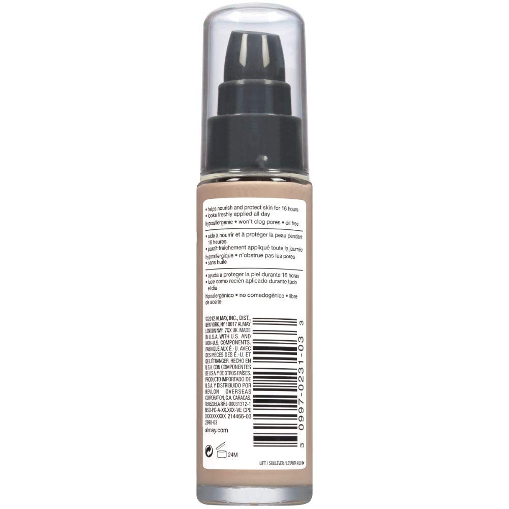 Almay Truly Lasting Color Liquid Makeup, 240 Beige, 1 fl oz | Longwear foundation blends seamlessly for a naturally luminous and flawless finish. Hypoallergenic.