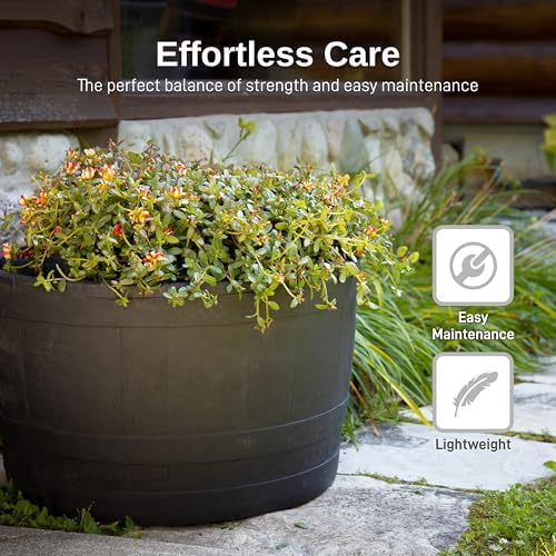 RTS Companies Home Accents 24" Whiskey Barrel Planter, Durable Polyethylene Indoor/Outdoor Flower Pot, Weather-Resistant Plastic Garden Planter, Black, 1-Pack