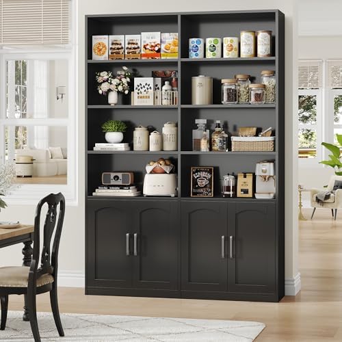 Bookshelf and Bookcase with Doors, Double Wide Large Bookshelves | Industrial Open Display Shelves 6 Tier, 73'' Tall Bookshelf with Storage Cabinets for Office,Home, Living Room, Library,White