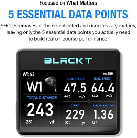 BLACK T SHOT5 Golf Launch Monitor Portable Doppler Radar Swing Speed Trainer with Ball Speed, Club Head Speed, Smash Factor & Distance Tracking