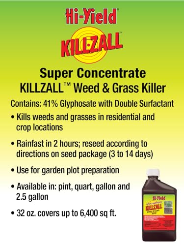 Hi-Yield (33692) Super Concentrate Killzall Weed & Grass Killer (32 oz) | Glyphosate 41% super concentrate - Kills weeds & grasses to root, mixes to treat large areas, 32 oz - Serious DIYers