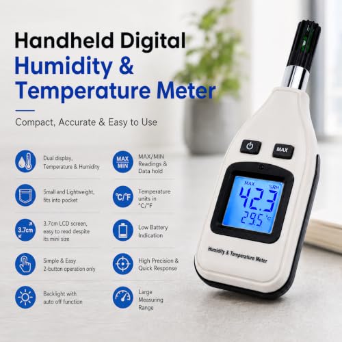 Handheld Digital Humidity & Temperature Meter 0~100% RH/ -30~70°C (-22~158°F) LCD Display Backlight Moisture Thermo Hygrometer Thermometer Small