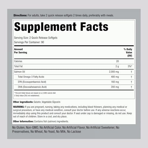 Piping Rock Wild Alaskan Salmon Oil for Humans | 1000mg | 180 Softgel Capsules | Omega 3 Supplement with EPA and DHA | Non-GMO and Gluten Free