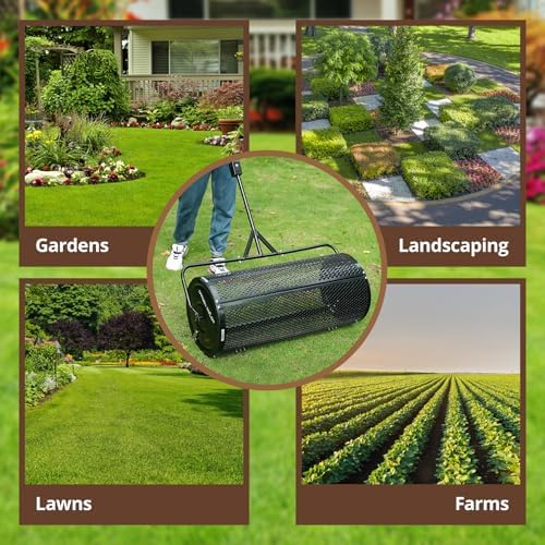 Compost Spreader 24 Inch Peat Moss Spreader with Installation Support Accessories, Metal Mesh Roller Lawn Spreader for Top Soil, Manure, Mulch, Top Dressing - Garden spreaders for lawns