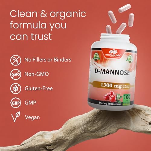 NaturaLife Labs Organic D-Mannose 1300mg + Organic Cranberry Extract 100mg per Serving – Urinary Tract Support – Non-GMO, Gluten-Free & Vegan – 100 Capsules