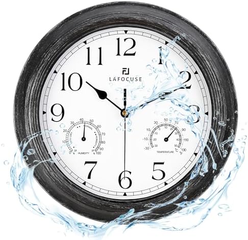 Lafocuse 12 Inch Brown Outdoor Wall Clocks with Temperature and Humidity