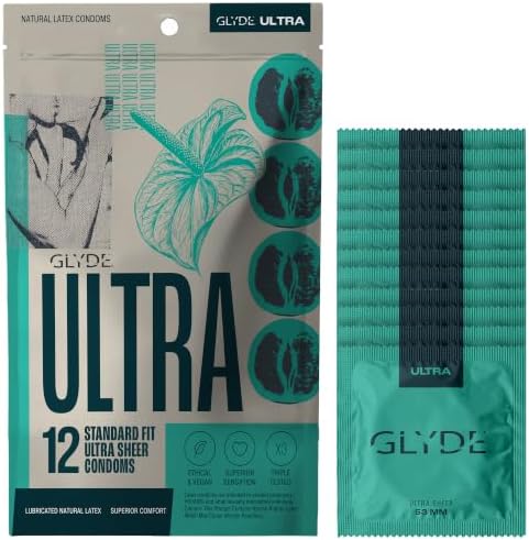 GLYDE Ultra Standard Fit Condoms - Ultra-Thin Medium Size - 12 Count, 53mm | Fragrance-Free, Lightly Lubricated, Body-Friendly, Vegan Formula Condoms, Strong and Secure Fit for Comfort and Natural Feel