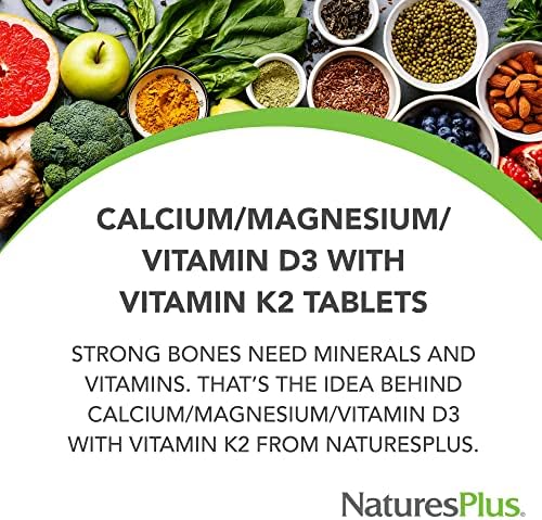 NaturesPlus Calcium/Magnesium/Vitamin D3 with Vitamin K2 - Supports Bone & Immune Health - Vegetarian, Gluten Free - 180 Tablets - 45 Servings