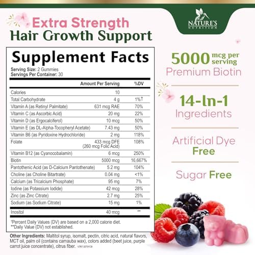 Hair Vitamins Gummies with Biotin 5000 mcg Per Serving - Extra Strength Hair Growth Support Vitamin E & C - Stronger Radiant Hair
