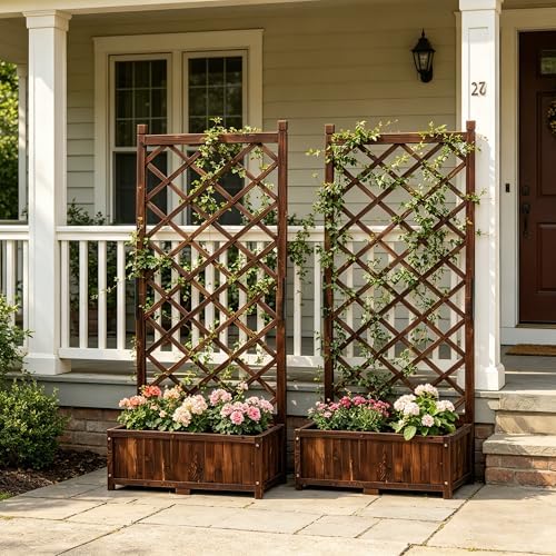 Anraja Raised Garden Bed with Trellis Wooden Flower Standing Planter Box Outdoor Wood Lattice Panels Privacy Screen for Climbing Plant Planting