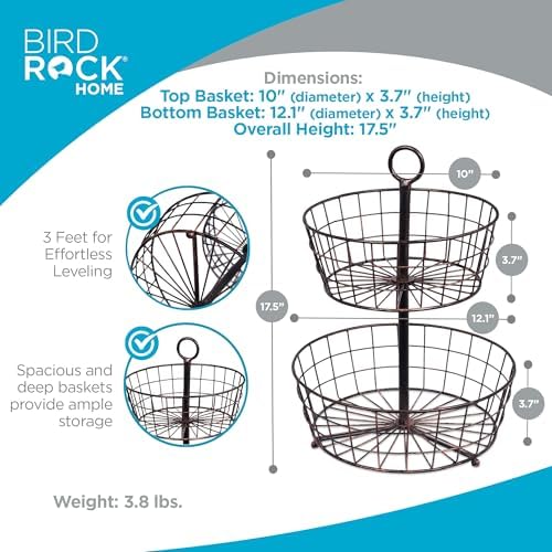 BIRDROCK HOME 3 Tier Wire Fruit Basket | Round Metal Standing Baskets | Fruit Vegetable Garlic Caddy | Freestanding Rustic Decorative Basket