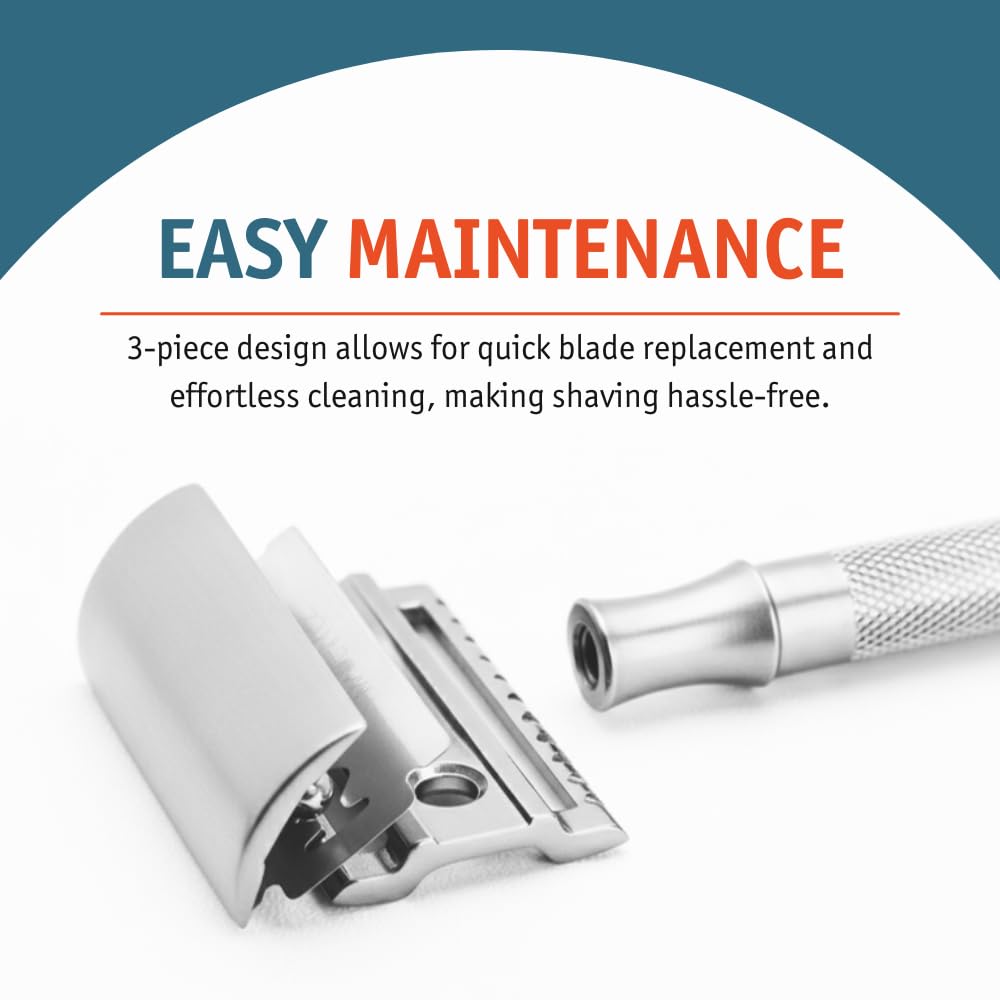 MERKUR 23C Double Edge Safety Razor - Polished Chrome, Long Knurled Brass Handle, Made in Germany, Plastic-Free, Three Piece Design, Closed Comb, Straight Bar