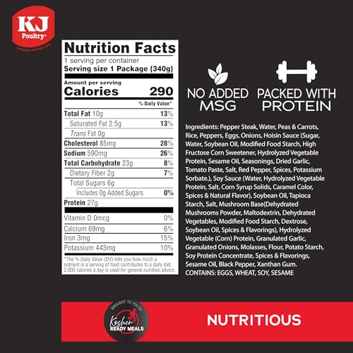 KJ Poultry Kosher Ready Meals - Beef Pepper Steak & Rice, MRE Meat Meals Ready to Eat (1 Pack) Prepared Entree Fully Cooked, Shelf Stable Microwave Dinner Travel, Military, Camping, Emergency Survival