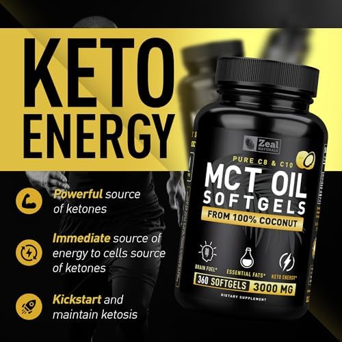 Pure MCT Oil Capsules (360 Softgels | 3000mg) 4 Month Supply Keto Pills w Unrefined Coconut - C10 & C8 Brain Fuel, Energy, Octane Ketosis