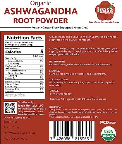 Iyasa Holistics Organic and Gluten Free Ashwagandha Powder, Resealable Pouch of 4 oz/ 113 g