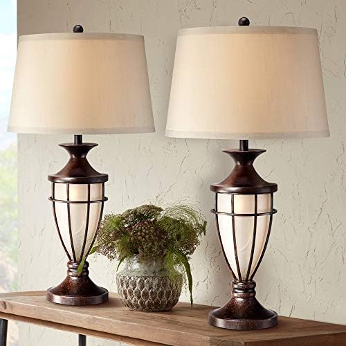 Cage 33" Large Table Lamp Mission Night Light Champagne Nightlight | Brushed Bronze Brown Iron Glass Living Room Bedroom House Bedside Nightstand Home Office Entryway Beige Drum