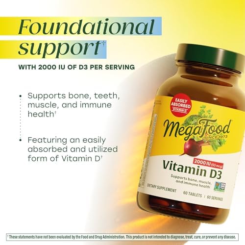 MegaFood Vitamin D3 2000 IU (50 mcg), Bone & Immune Health, 60 Tablets | Vitamin D3 Daily Support for Bone, Teeth, Muscle & Immune Health, Plus Real Food, Non-GMO, Vegetarian, 60 Servings