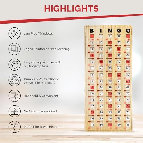 MR CHIPS Large 14.75" L x 6.75" W Jam-Proof Finger Tip Bingo Master Board Card with Large 3/4" Sliding Windows, Thick 5 Ply Cardboard, Gold Rush Style