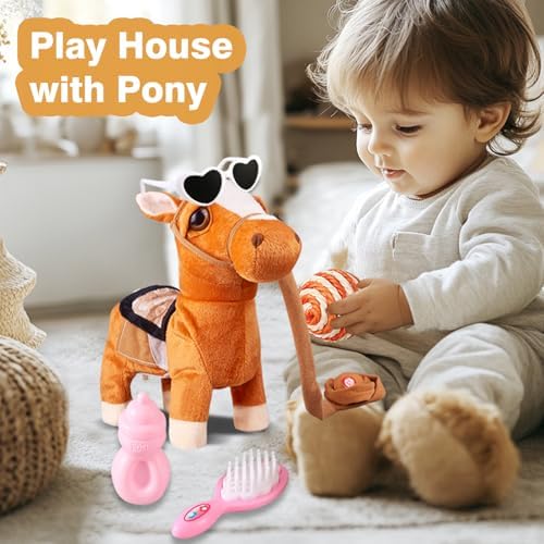 Marsjoy Walking Pony Toy Musical Singing Dancing Plush Interactive Pony Walk Along Horse with Leash Plush Stuffed Animal Shaking Head Buttocks Toy