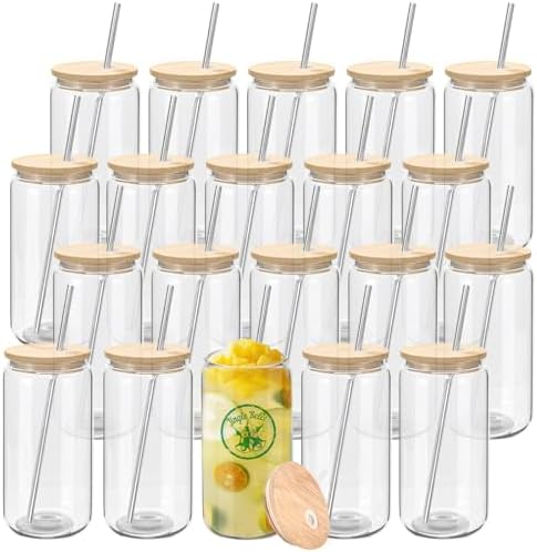 YOUKE OLA 20 Pack Glass Cups with Bamboo Lids and Metal Straw Can Shaped Drinking Glasses, Glass Tumbler Reusable Cute Cups for Whiskey, Iced Coffee
