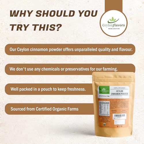 Ceylon Flavors Organic Ceylon Cinnamon Powder, Premium Special Grade, Non GMO, Harvested from a USDA Certified Organic Farm in Sri Lanka (3.5 oz)