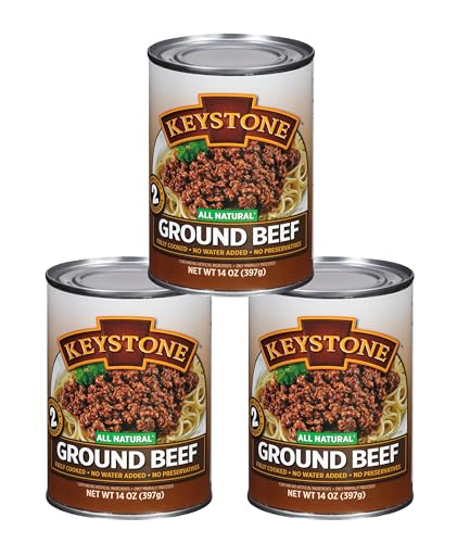 Keystone Meats All Natural Heat and Serve Ground Beef 14 oz – Fully Cooked Canned Meat – Ready to Eat – 5-Year Shelf Life – Pantry Staple for Everyday Meals, Emergency Survival Canned Food – Made in USA – Pack of 3