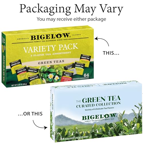 Bigelow Tea Green Tea Assortment, 64 Count (Pack of 1) | Individually Wrapped Tea Bags with Classic, Decaffeinated, Mint, Peach, Constant Comment, Lemon, Mango, and Earl Grey Teas