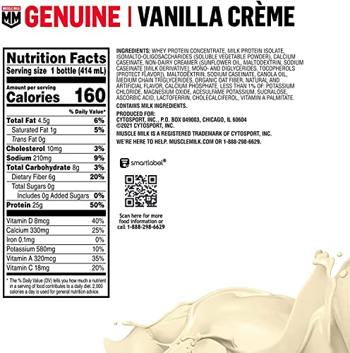 Muscle Milk Genuine Protein Shake, Chocolate, 14 Fl Oz Bottle, 12 Pack, 25g Protein, Zero Sugar, Calcium, Vitamins A, C & D, 6g Fiber, Energizing Snack, Workout Recovery, Packaging May Vary