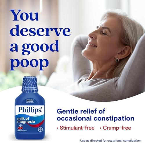 Phillips’ Milk of Magnesia Liquid Laxative, Wild Cherry Flavor, Stimulant Free, Cramp Free Relief of Occasional Constipation*, Effective in 30 minutes - 6 hours, #1 Milk of Magnesia Brand, 26 oz