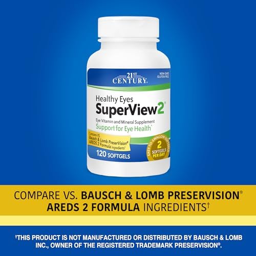 21st Century Healthy Eyes SuperView Eye Vitamin Softgels, 120 Count | High-Potency Eye Vitamin & Mineral Softgels with Vitamin C, Compare VS. Bausch + Lomb PreserVision® AREDS 2 Formula, Non-GMO