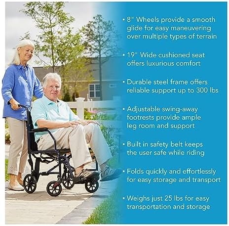 Carex Transport Wheelchair With 19 inch Seat, Folding Transport Chair with Foot Rests, Foldable Lightweight Wheelchair Foldable for Storage and Travel