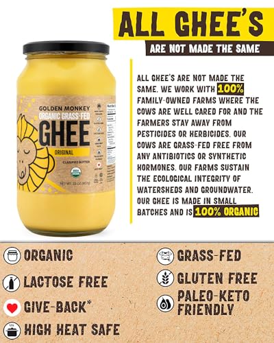 GOLDEN MONKEY Organic Ghee Butter – Grass Fed Clarified Butter for Cooking, Baking
