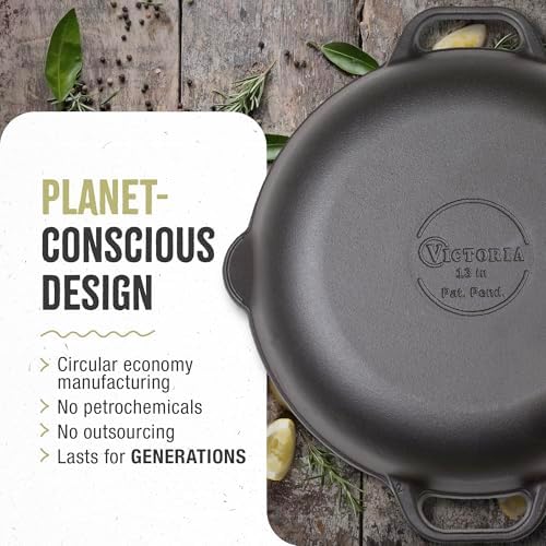 Victoria 13-Inch Cast Iron Skillet, Pre-Seasoned Cast Iron Frying Pan with Long Handle, Made in Colombia