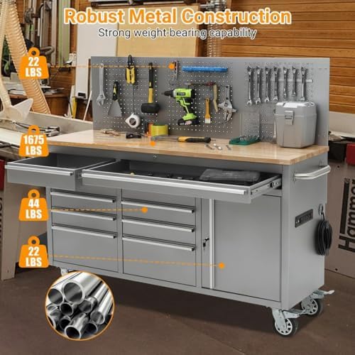 61-Inch Rolling Tool Chest with 10 Drawers & Power Strip, Solid Rubber Wood Top, 1675 LBS Load Heavy Duty Mobile Workstation, Locking System and Drawer Liners for Garage Warehouse Shop, Black