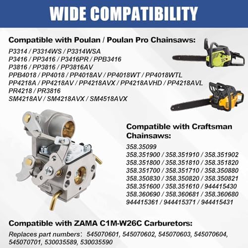 Podoy PP4218A P3314 Carburetor Compatible with Poulan Pro Chainsaw | Replaces 545070601 530070701 530035590, Compatible with P3416 P3816 PR4218 PP4218A 18" 35cc 42cc Craftsman ZAMA C1M-W26C