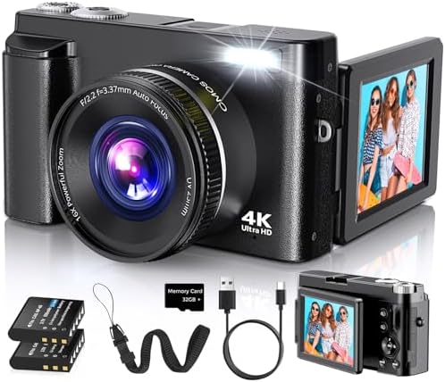 4K Digital Camera for Photography Autofocus, 2026 Latest 48MP Vlogging Camera for YouTube with SD Card, 2 Batteries, 3" 180°Flip Screen Compact Travel Camera for Teens with 16X Zoom,Black