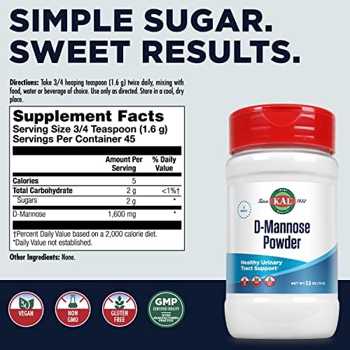 KAL D Mannose Powder 1600 mg, Easy-to-Mix, Fast-Dissolving D-Mannose - Urinary Tract Health and Bladder Support - Unflavored Powder, Non-GMO, Vegan