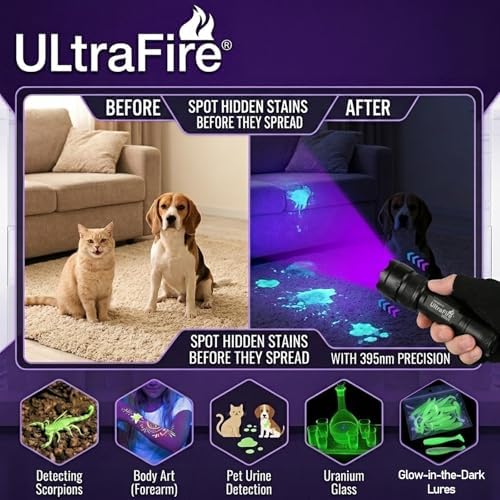 ULTRAFIRE Black Light UV Flashlight, Super Power UV 395-405 nm LED WF-502B Blacklight Flashlights for Leak Detector, Pet Urine Stain