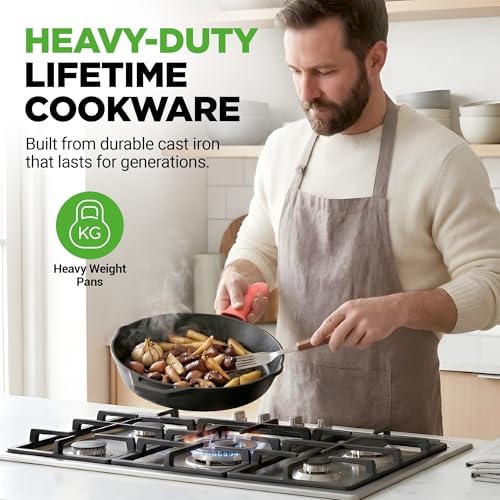 NutriChef 10 Inch Cast Iron Skillet with Lid - Pre-Seasoned Small Fry Pan with Side Drip Spout and Silicone Handle