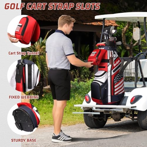 T Lock Golf Cart Bag, 14 Way Full Length Divider Golf Bag for Men | USA Flag Design, 14 Way Full Length Dividers, T Lock Compatible, Cooler Pocket